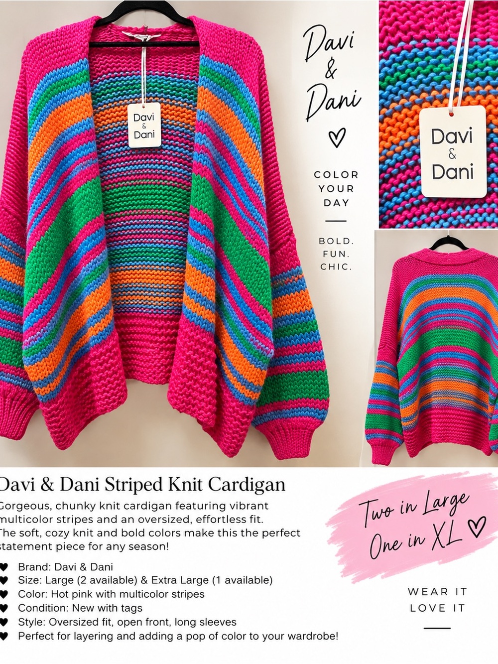 DAVI & DANI Hot Pink Multicolor Striped Knit Cardigan
